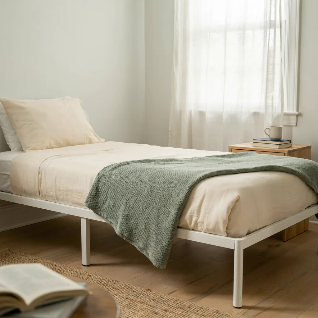 Sage green throw layered on cream dorm bedding