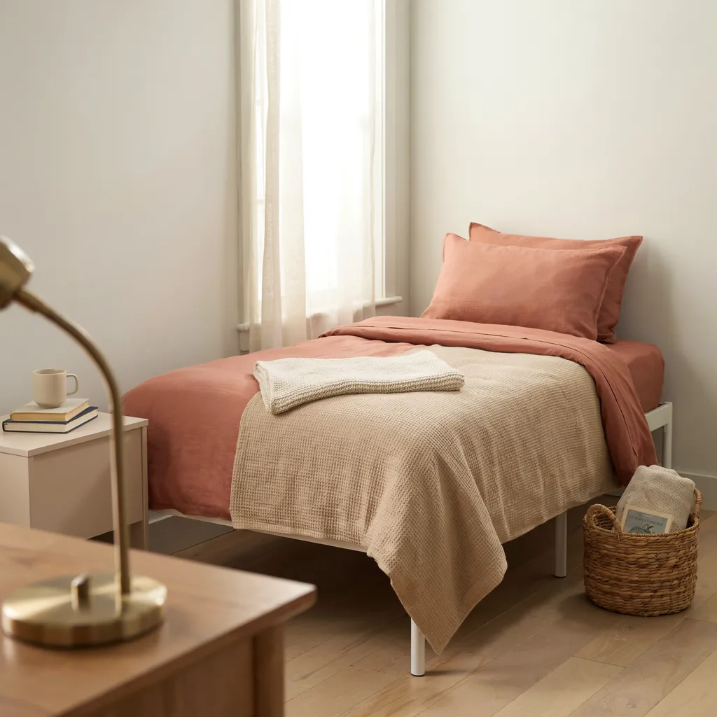 Earthy texture layered dorm bed with terracotta sheets