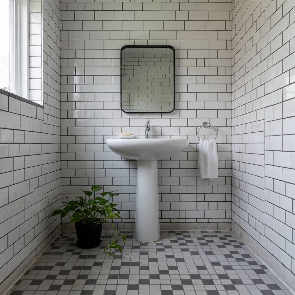 Black and white tile small bathroom floor