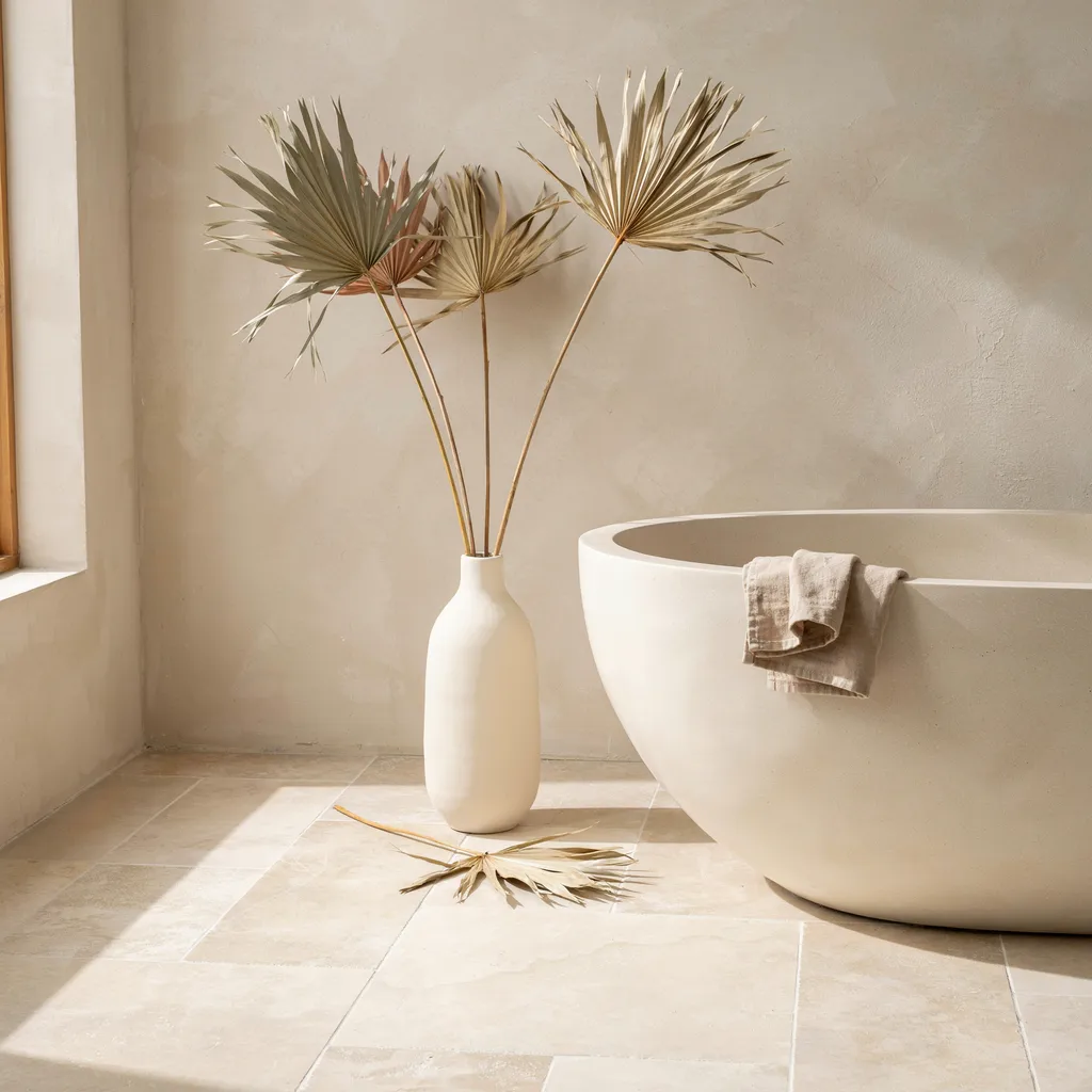 Dried palm spears in a vase beside a bathtub