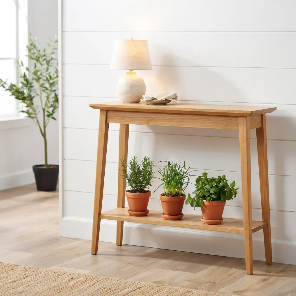 Potted rosemary mint herbs on lower shelf of sunlit entryway console table