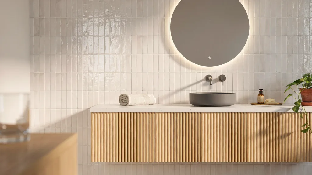 11 Bathroom Design Ideas for a Stylish Modern Home vanity setup with white oak cabinet and zellige tiles