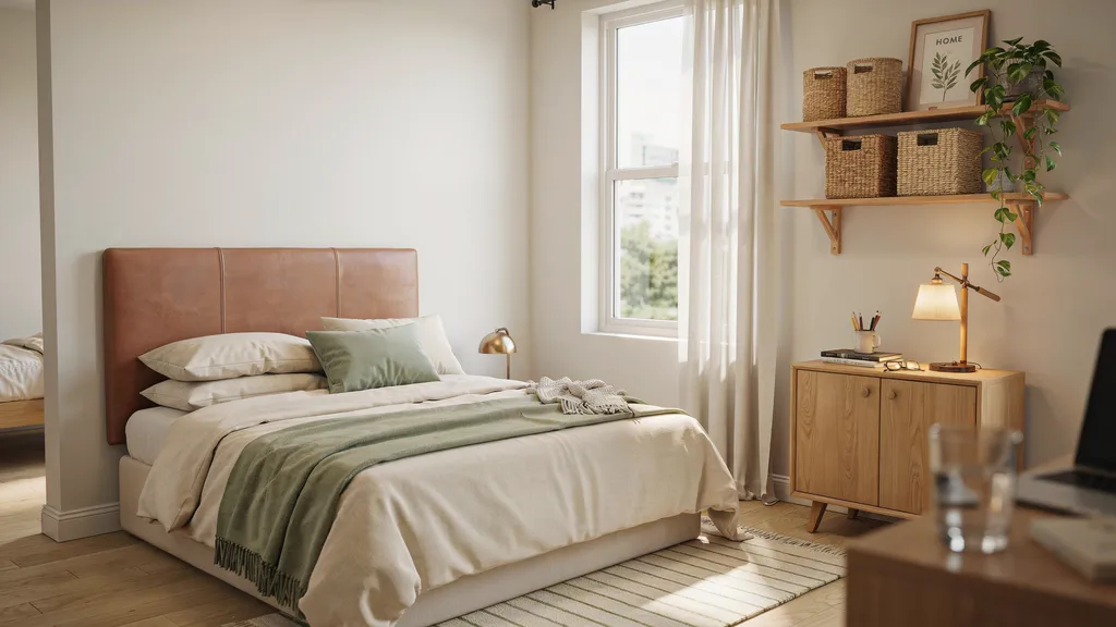 College dorm bedroom with headboard and layered bedding