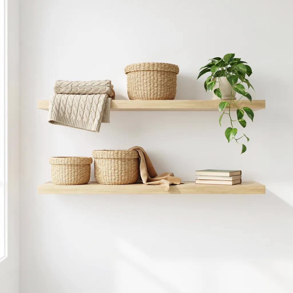 Woven storage baskets on dorm shelves