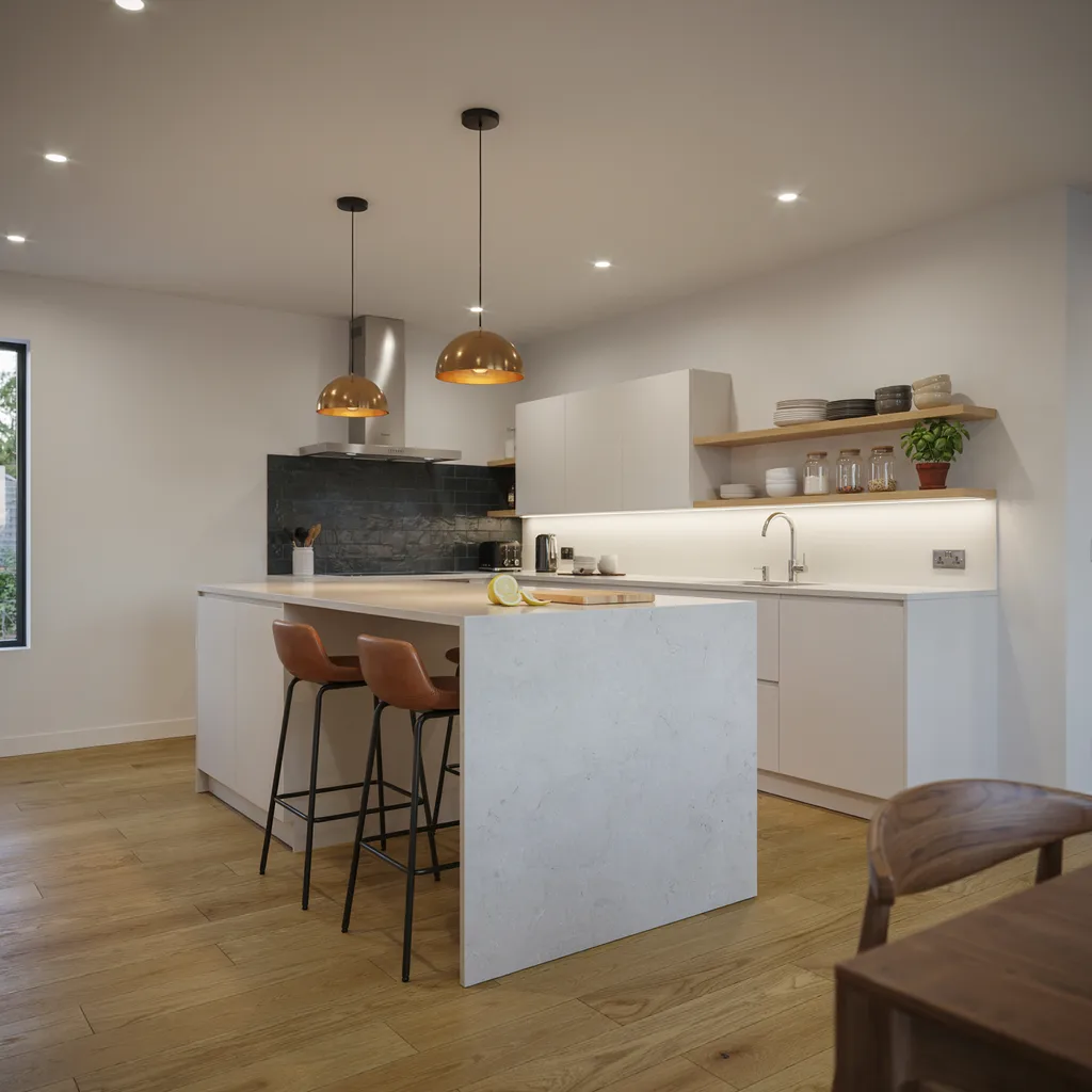 Kitchen island lit with pendant lights and under-cabinet LED strips
