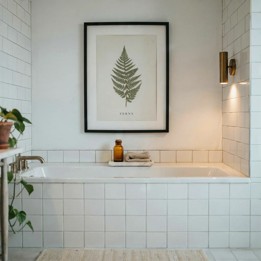 Framed botanical print above a bathtub