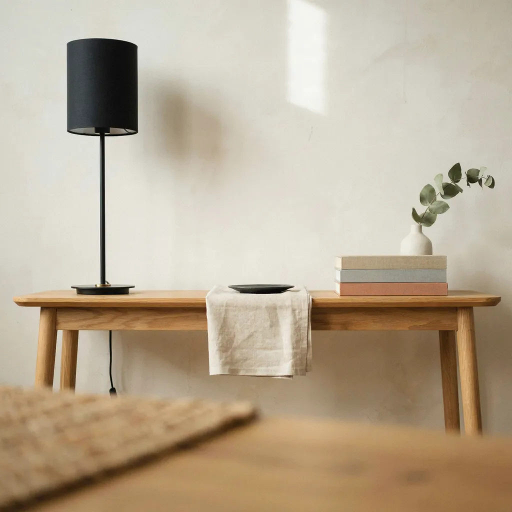High-low asymmetric vignette on oak console table