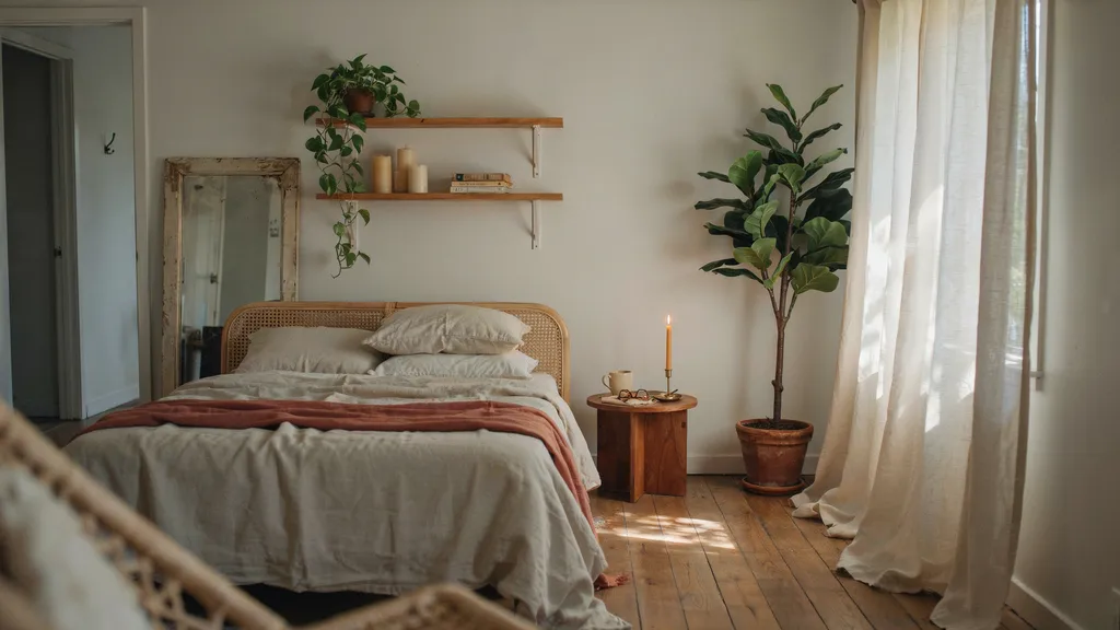 Cozy small bedroom with warm amber lighting and layered linen bedding