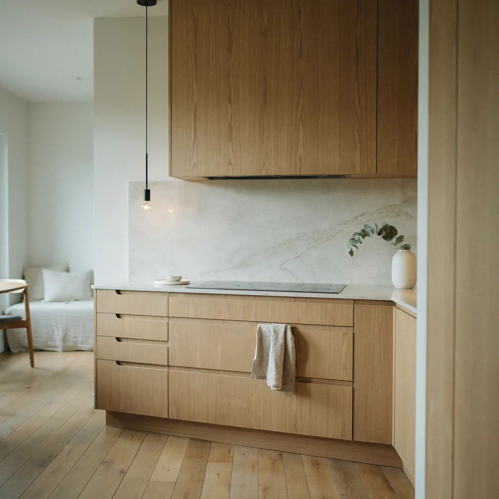 Custom wood-paneled range hood hidden into kitchen cabinetry