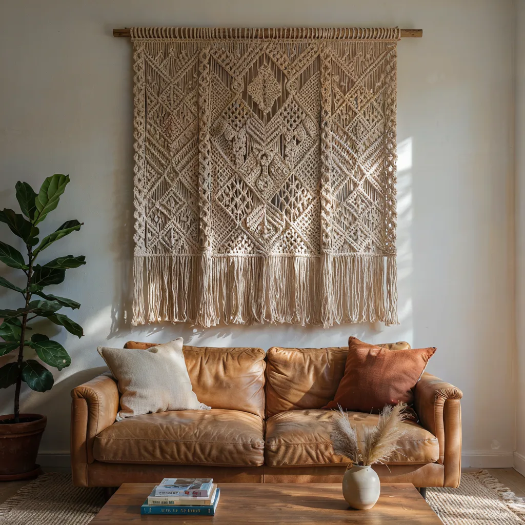 Large macrame wall hanging over sofa