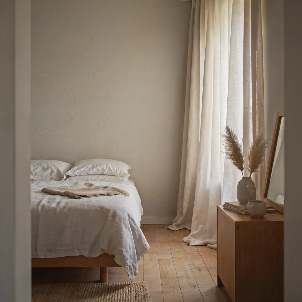 Greige walls with white bedding minimalist palette