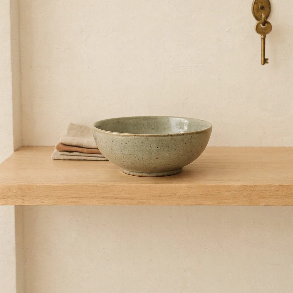 Hand-thrown ceramic catchall bowl on entryway shelf