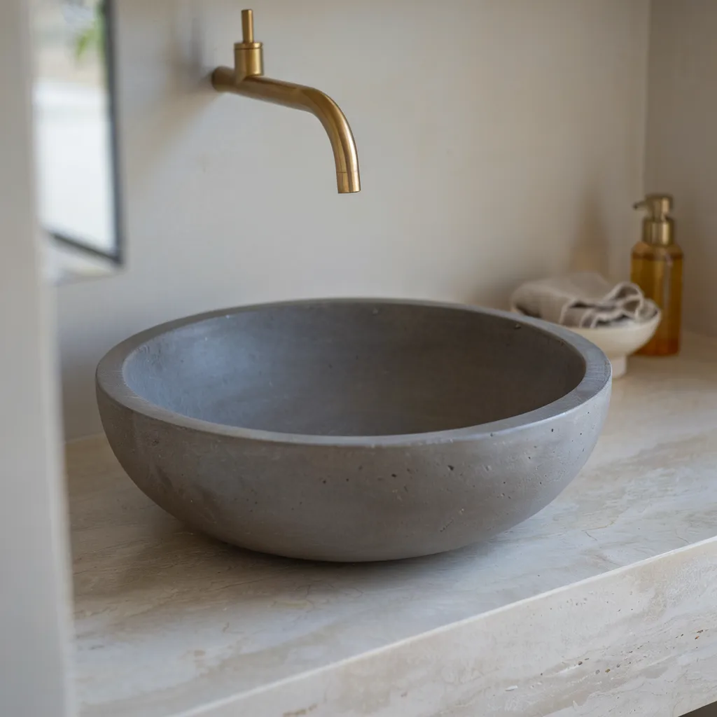 Monolithic concrete vessel sink in modern washroom
