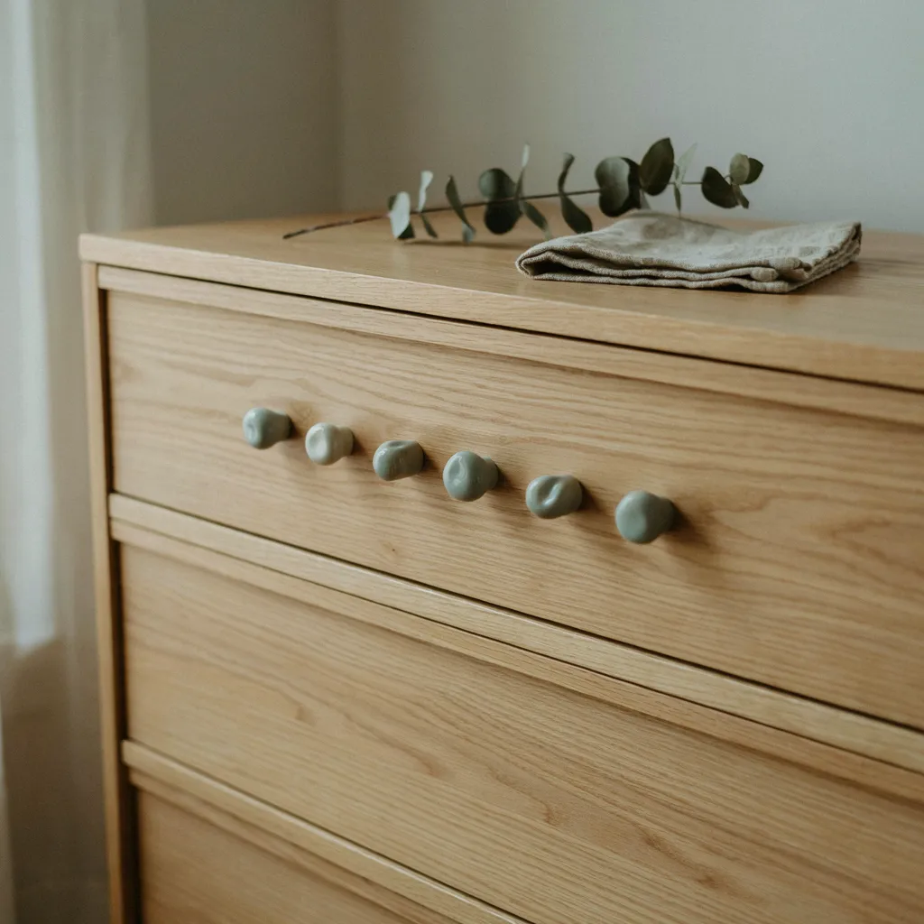 Sculptural ceramic drawer pulls on oak dresser