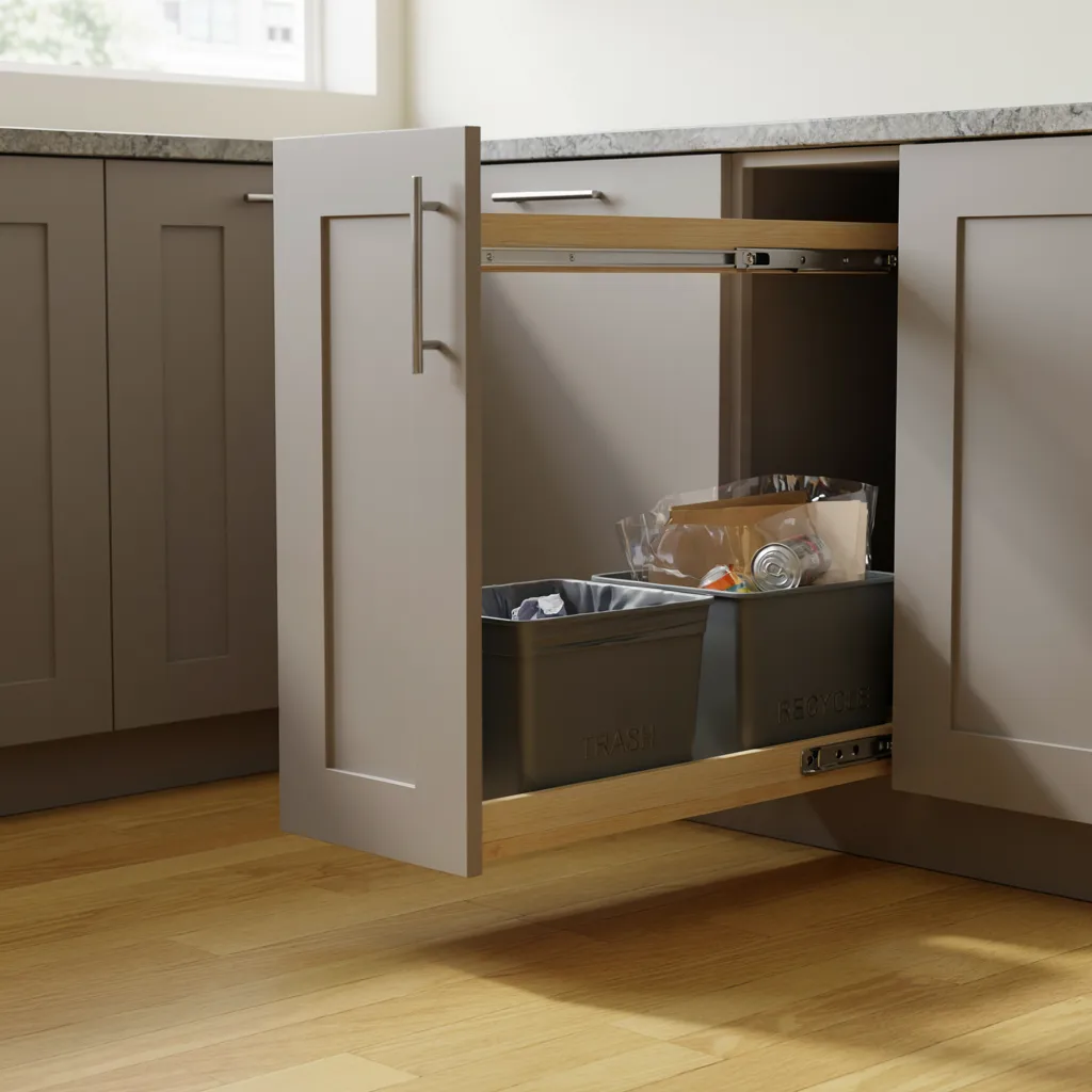 Pull-out trash and recycling bins in kitchen cabinet