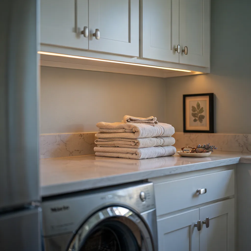 Warm LED lighting under laundry cabinets
