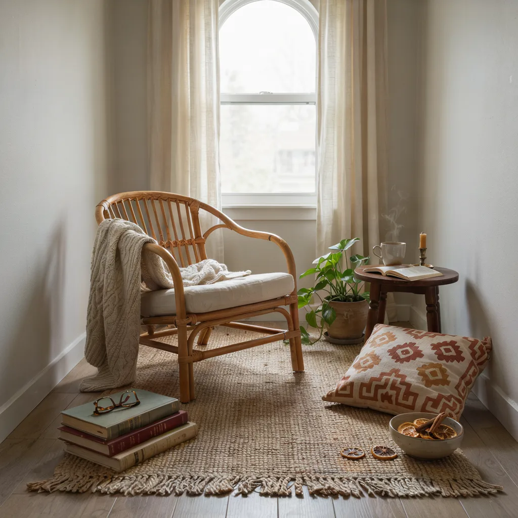 Boho reading corner with rattan chair