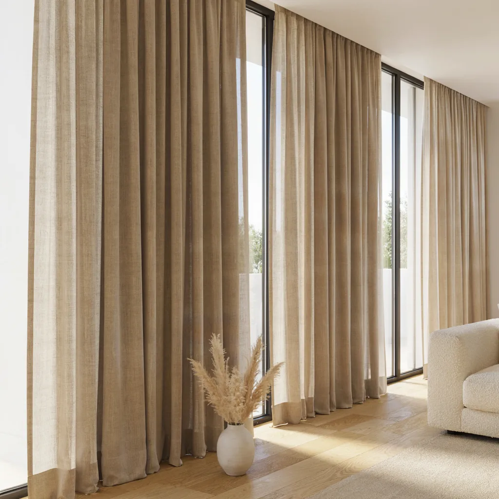 Floor-to-ceiling linen drapery in living room
