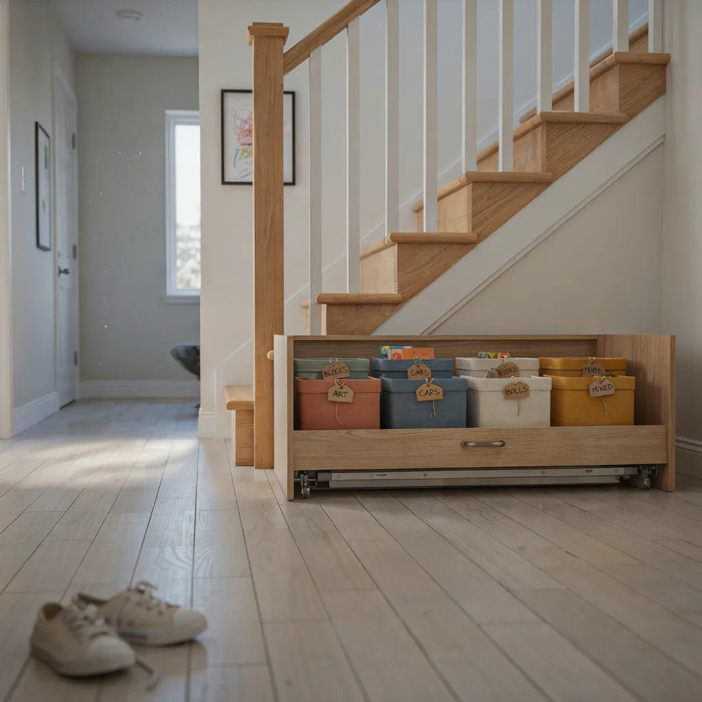 Trundle storage drawer under staircase