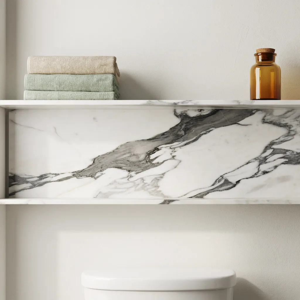 Calacatta marble floating shelf guest bathroom