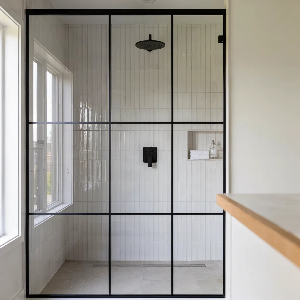 Matte black iron grid shower enclosure