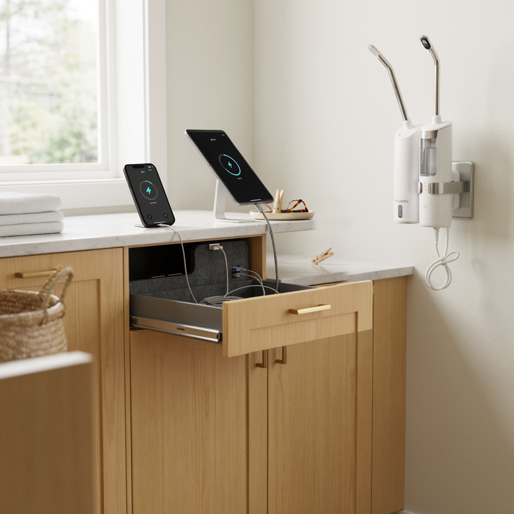 Built-in charging drawer and wall-mounted steamer
