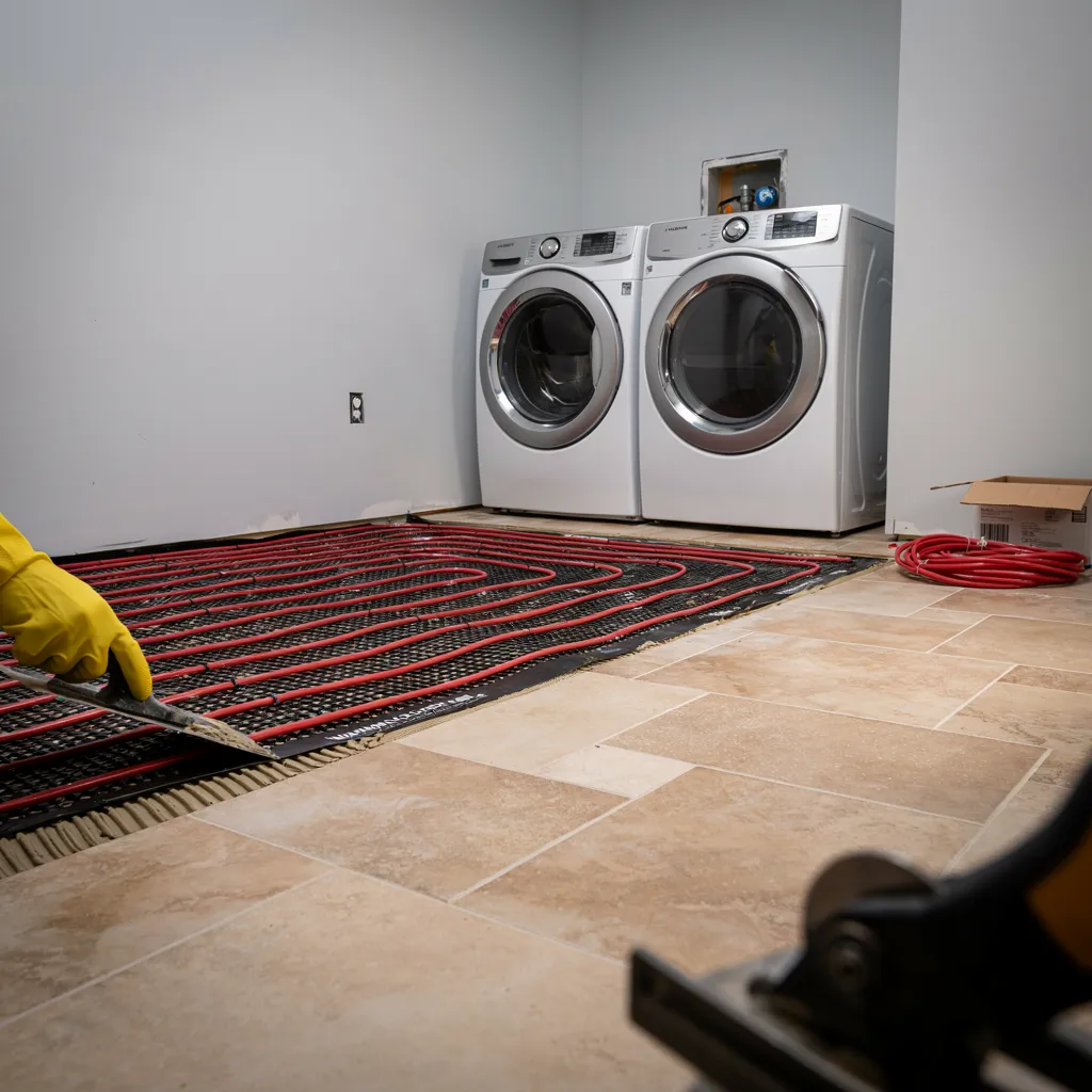 Heated porcelain tile flooring in laundry room
