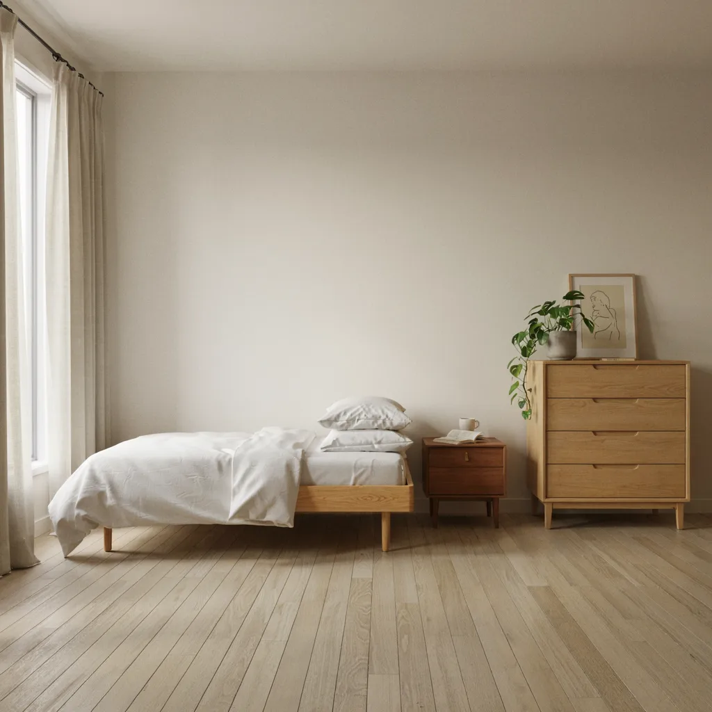 Oak bed with walnut dresser in bedroom