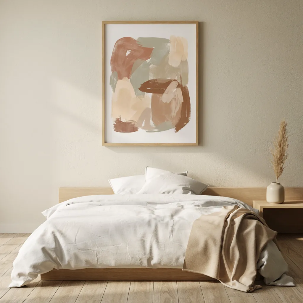 Large framed art above minimalist bed headboard