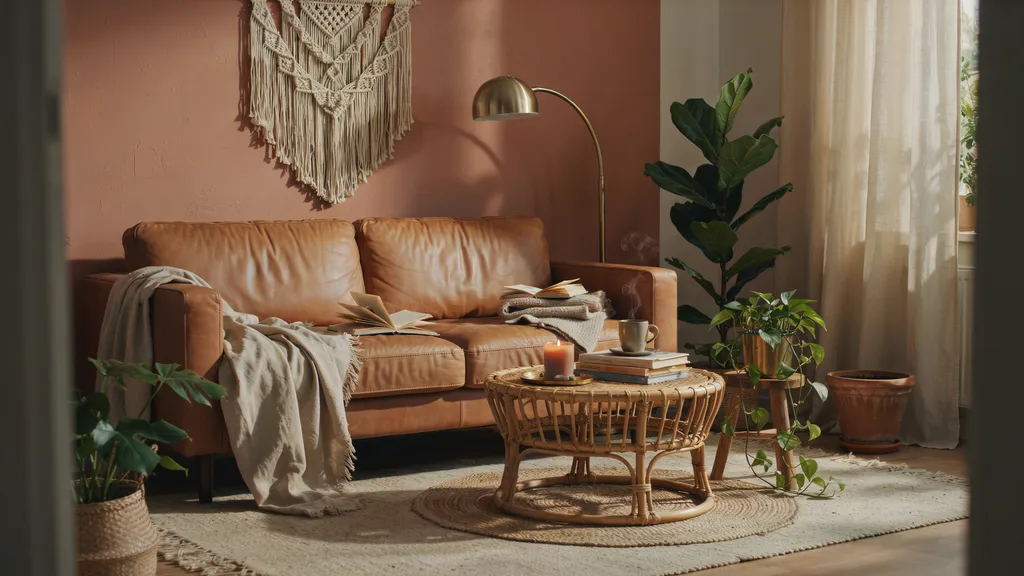 Boho living room with rattan, jute rugs, and macrame decor