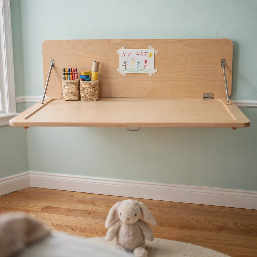 Fold-down wall play table with storage