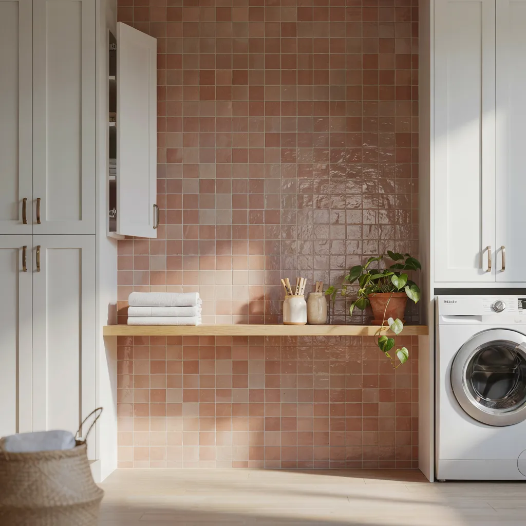 Hand-painted zellige tile accent wall in laundry room
