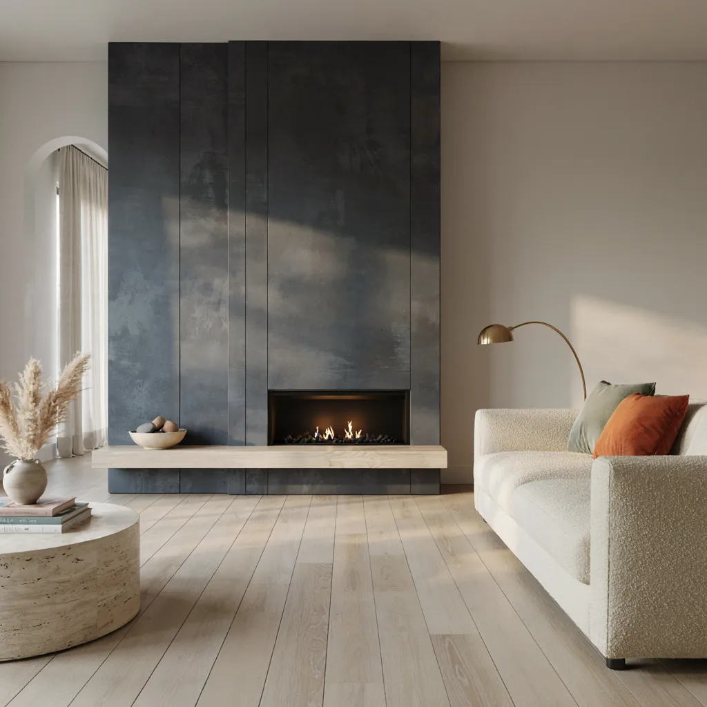 Venetian plaster fireplace surround in modern living room
