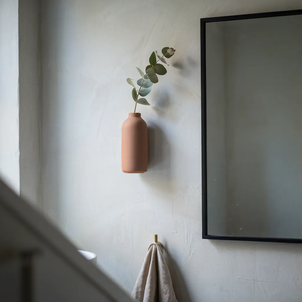 Flat-back ceramic wall vase with eucalyptus stem