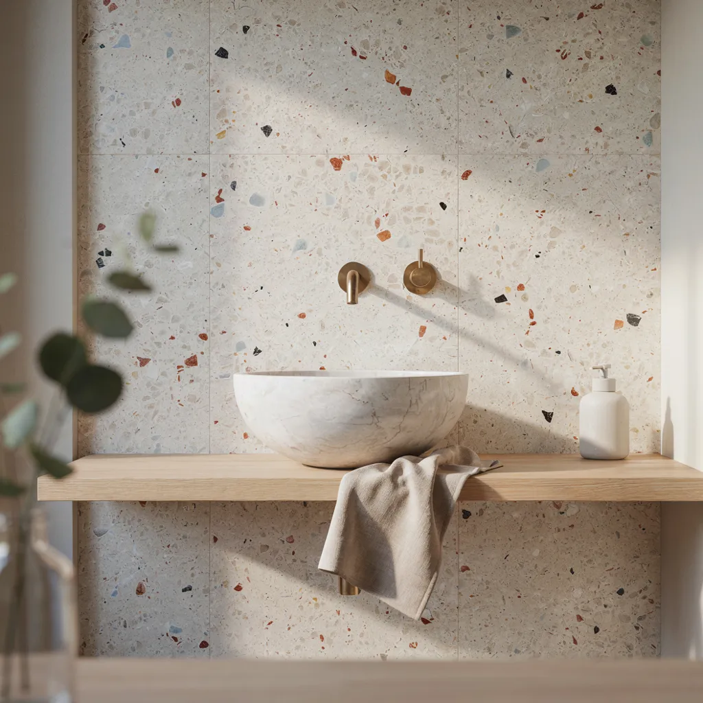 Wall-mounted brass faucet above vessel sink
