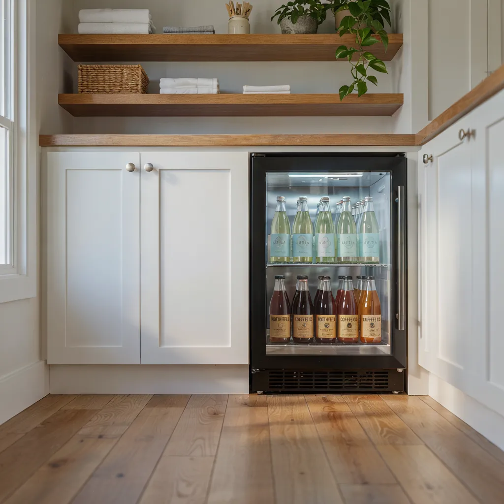 Built-in beverage fridge nook in laundry cabinet
