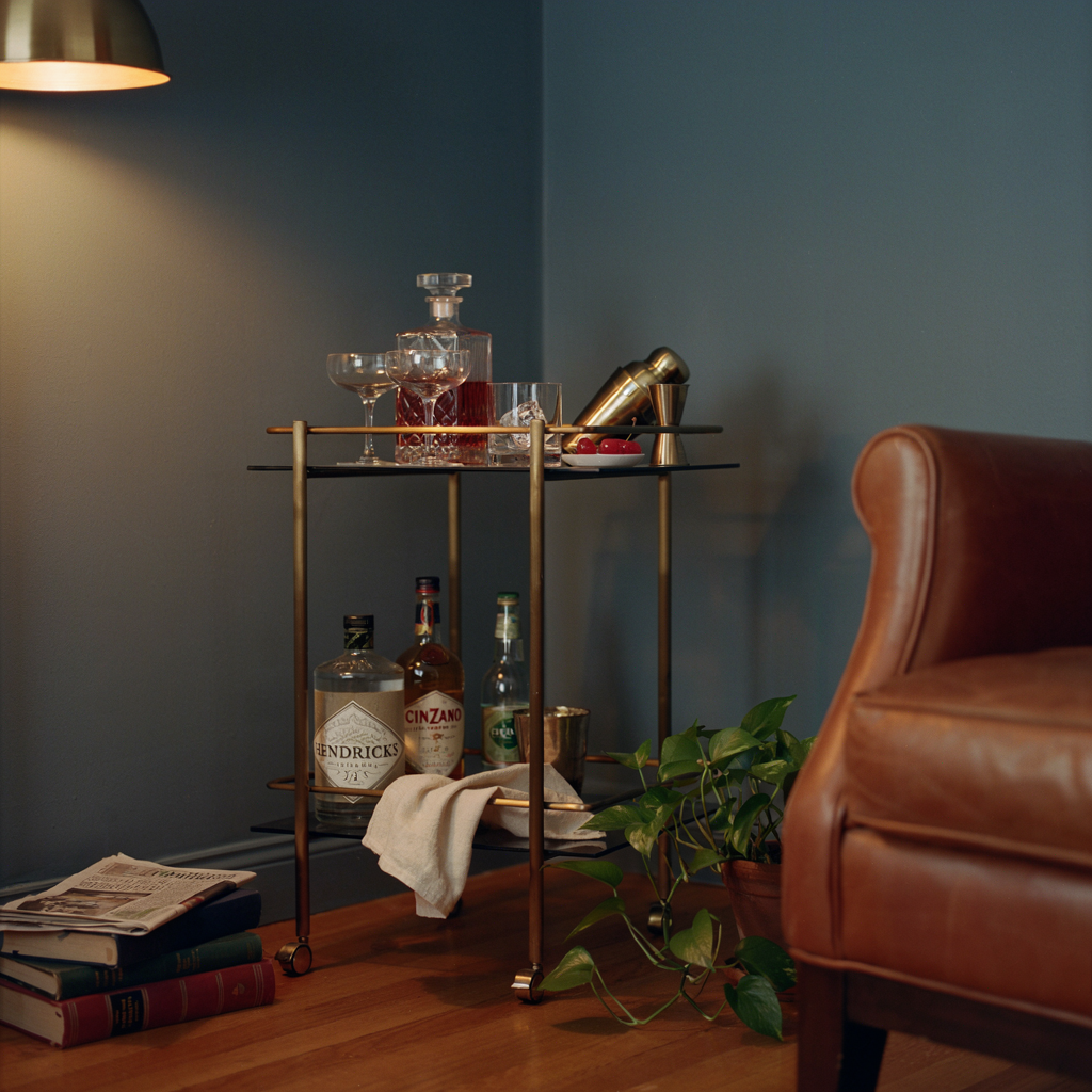 Brass and glass bar cart in living room corner
