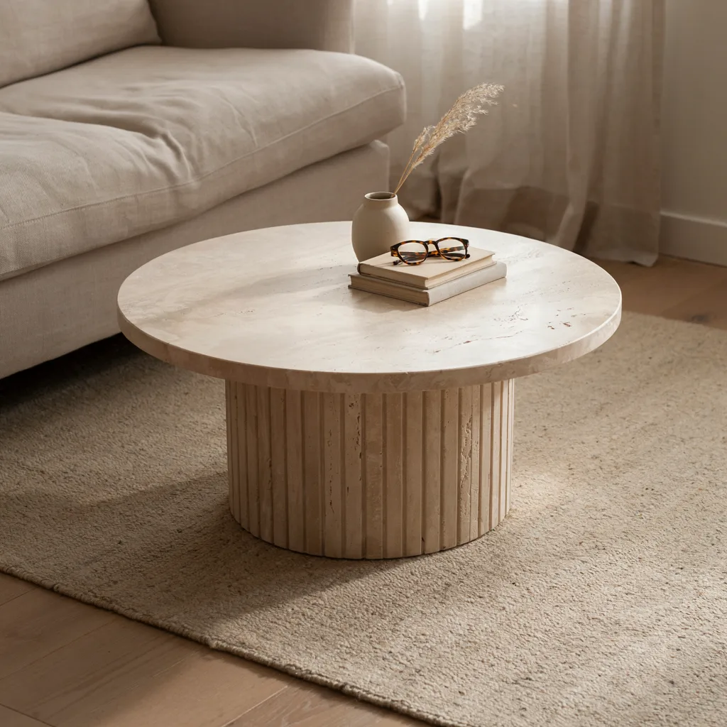 Fluted travertine coffee table on wool rug

