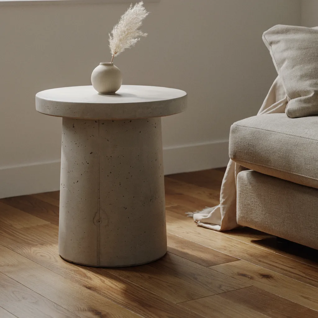 Cast-concrete pedestal end table beside sofa
