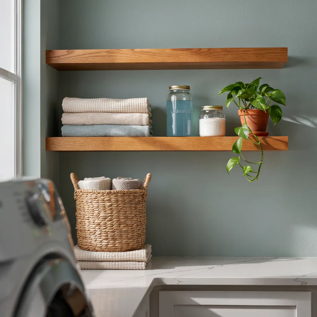 Floating oak shelves with woven baskets
