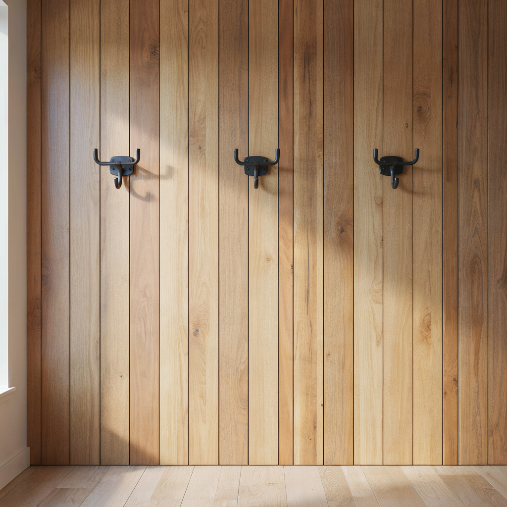 Paneled wood mudroom accent wall DIY
