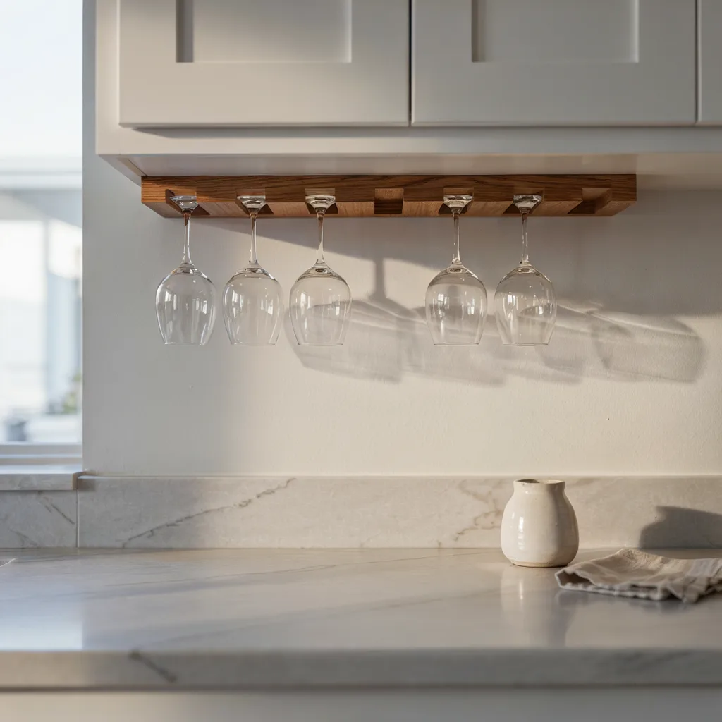 Wine glasses hanging from under-cabinet stemware rack
