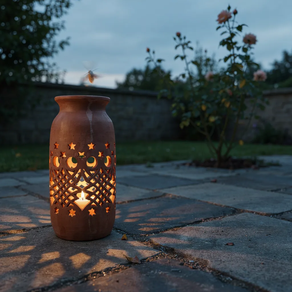 Tall clay lantern glowing on patio at dusk