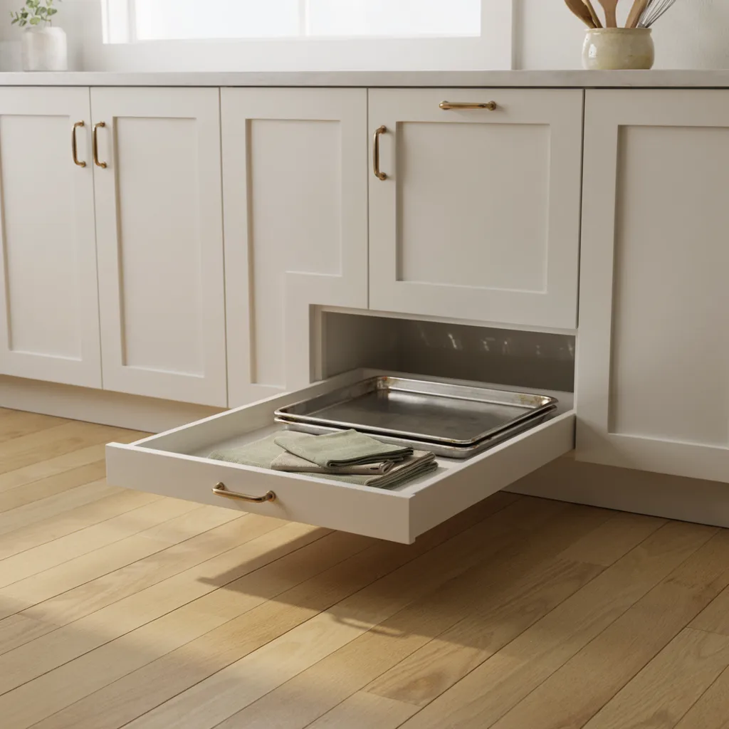 Toe-kick drawer built into kitchen cabinet base