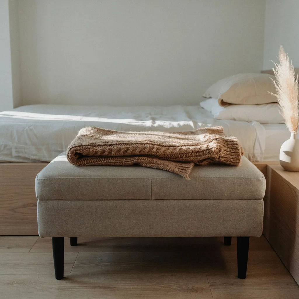 Linen storage bench at foot of platform bed
