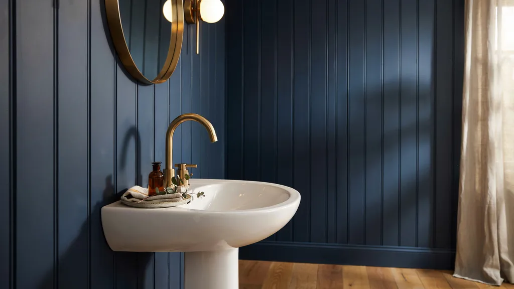 Luxurious guest bathroom with brass faucet and navy walls