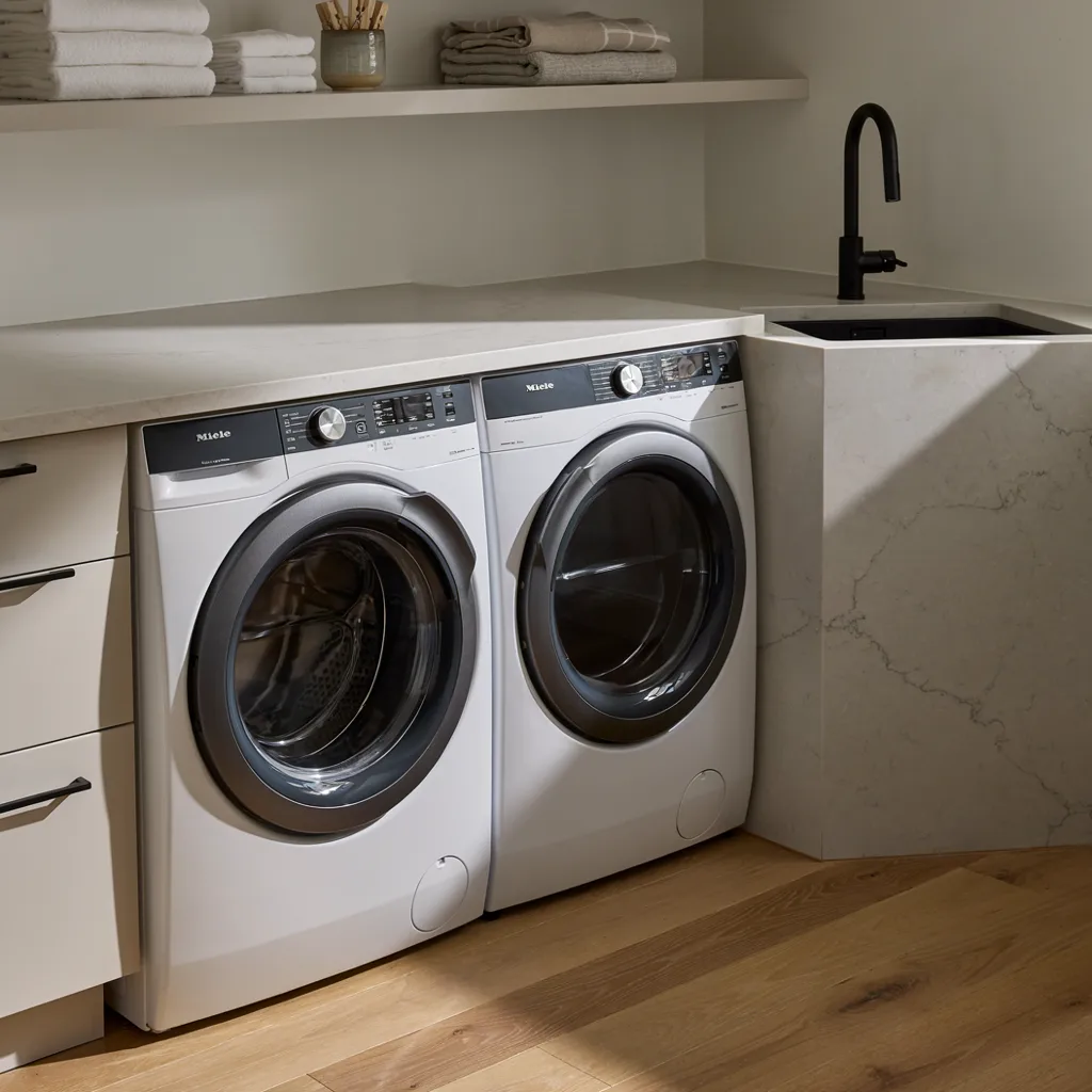 Waterfall-edge quartz counter over front-load washer and dryer
