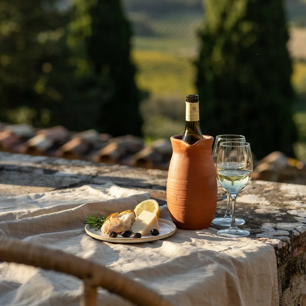 Terracotta wine chiller with open bottle outdoors