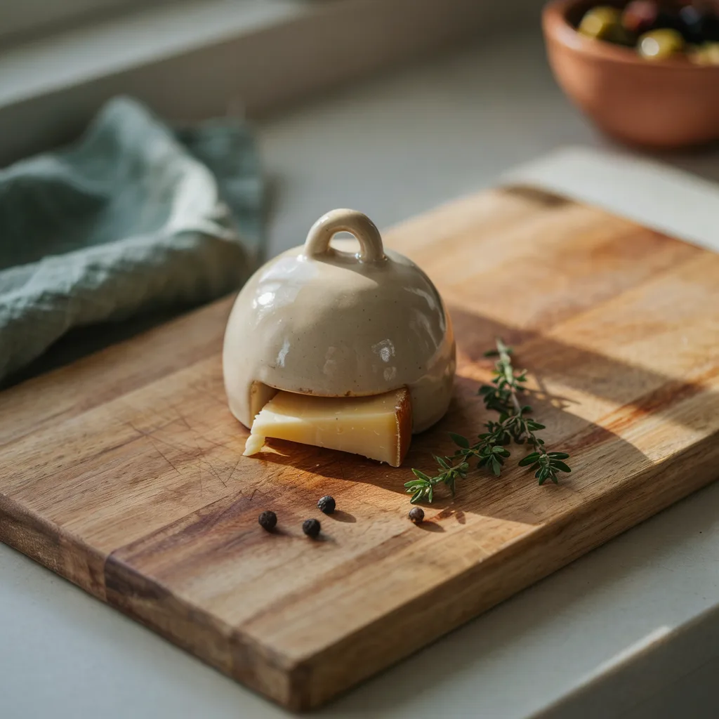 Ceramic cheese dome covering wedge on board