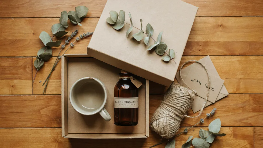 DIY gift set ideas flat lay with kraft box and natural materials
